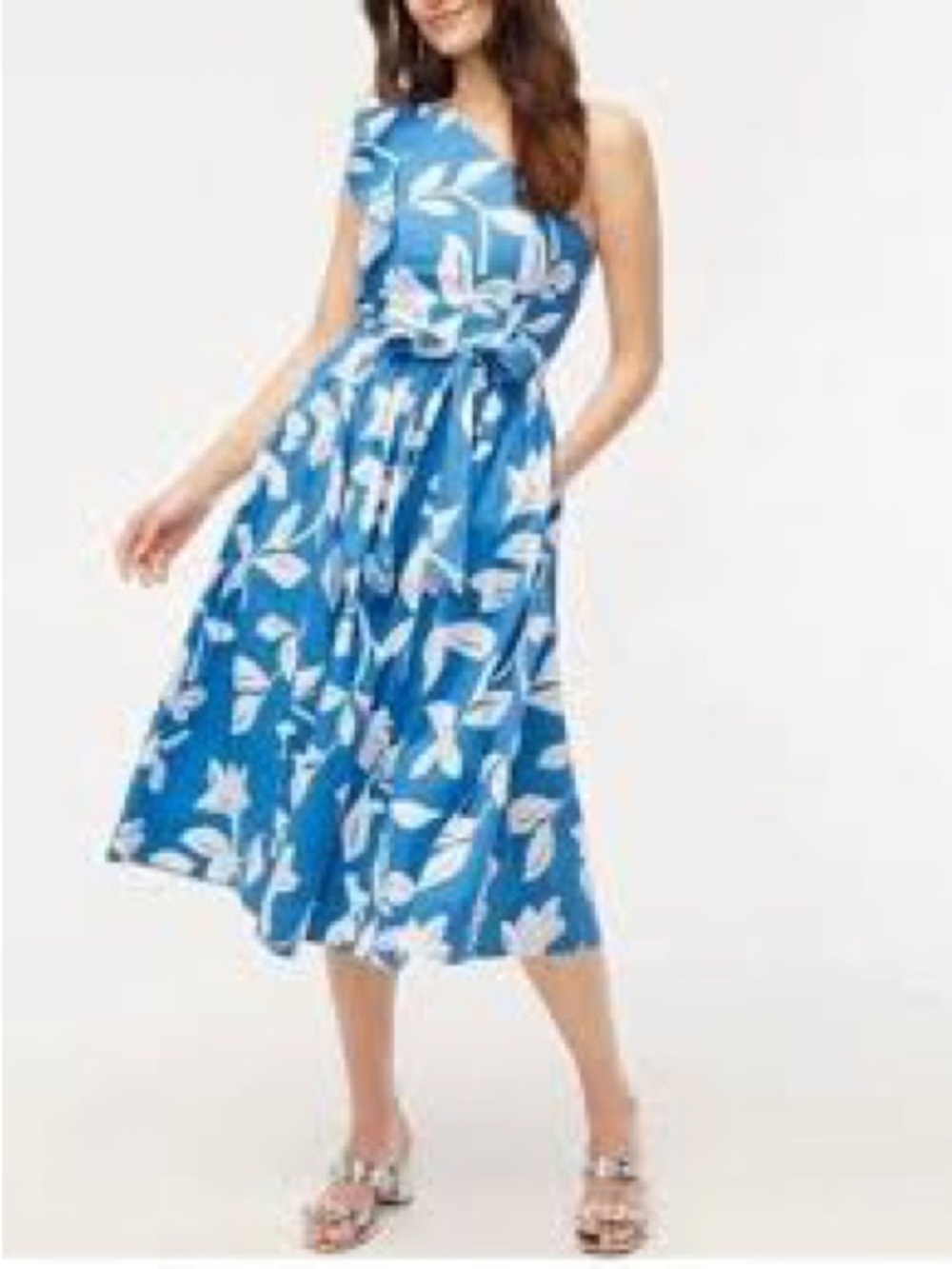 J. Crew Blue Floral One-Shoulder Midi with Waist Tie
